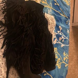 All black fringe mid-calf boots